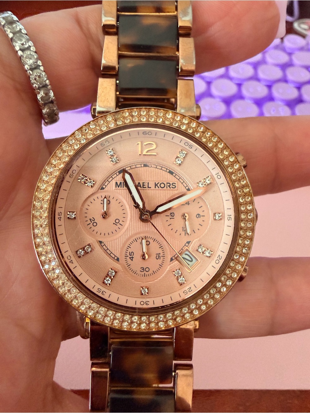 Michael Kors Rose Gold and Tortoiseshell Accent Crystal-Trim Chronograph Watch